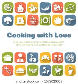 Cooking banner with flat icons and copy space. Colorful culinary background with place for text. Vector illustration.