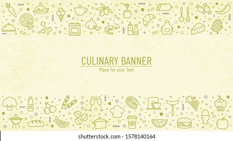 Cooking banner with food and kitchen line icons and copy space. Culinary background with place for text. Vector illustration.