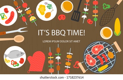 Cooking banner with grill top view, barbecue and grilled food set - steak, sausage, chicken, fish, vegetables, kitchenware, utensils, vector illustration