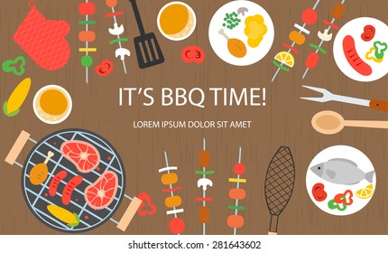 Cooking banner with grill top view, barbecue and grilled food set - steak, sausage, chicken, fish, vegetables, kitchenware, utensils, vector illustration 