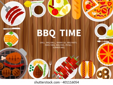 Cooking banner with grill top view, barbecue and grilled food set, vector illustration. Barbecue top view bbq grill party grilled meat vector illustration. 