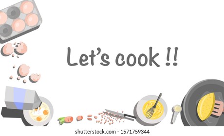 Cooking banner, poster or background for cooking class or recipe. Top view illustration of how to make an omelette from cracking egg, add milk and carrot. Fry. Vector illustration. 