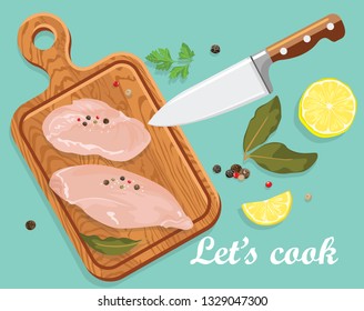 Cooking banner. Raw chicken fillet on wooden cutting board, kitchen knife, spices, lemon. Vector illustration of fresh meat in cartoon simple flat style.