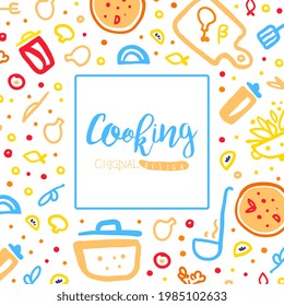Cooking Banner Template Original Design, Culinary School, Class Poster, Card with Kitchenware Utensils and Cooking Ingredients Seamless Pattern Vector Illustration