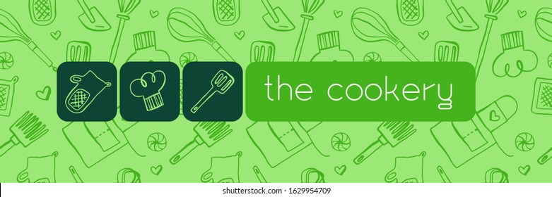Cooking banners with hand drawing linear illustrations for restaurant. Cooking courses banner. Cooking utensils vector. Vector templates for bakery shop background.