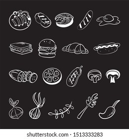 Cooking and barbecue ingredients, sketch illustration. Fast food menu design elements. Drawn fried meat, mushrooms, vegetables. Grill pepper tomatoes mushrooms mushrooms meat steak burgers. BBQ. Food