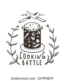 Cooking Battle Sign and  Label Monochrome Design . One color print illustration for kitchen event. Vector EPS10. 