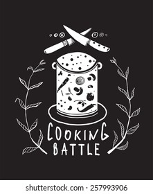 Cooking Battle Sign and  Label Monochrome Design on Black. One color print illustration for kitchen event. Vector EPS10. 