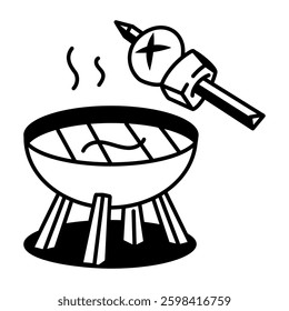 Cooking bbq on grill stove, doodle style icon 
