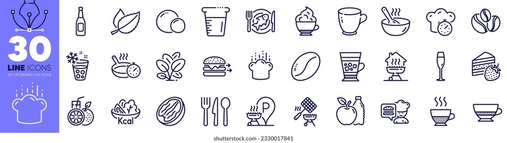 Cooking beaker, Bombon coffee and Frying pan line icons pack. Spinach, Coffee beans, Apple web icon. Food delivery, Grill basket, Frappe pictogram. Champagne glass, Food, Cappuccino cream. Vector