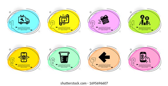 Cooking beaker, Left arrow and Ab testing signs. Timeline infographic. Present delivery, Mobile survey and Augmented reality line icons set. Architectural plan, Car service symbols. Vector