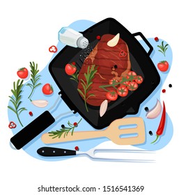 Cooking beef filet, vector cartoon top view illustration. Black grill pan with fried ribeye steak or pork, spices and ingredients on white background. Meat restaurant menu design elements.