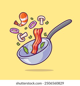 Cooking Beef And Shrimp On Pan Cartoon Vector Icon Illustration. Food Object Icon Concept Isolated Premium Vector. Flat Cartoon Style