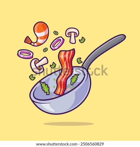 Cooking Beef And Shrimp On Pan Cartoon Vector Icon Illustration. Food Object Icon Concept Isolated Premium Vector. Flat Cartoon Style