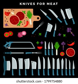 Cooking a beef steak. Lots of different herbs, condiments and ingredients on wooden table. Meat cutting knives set. on dark background