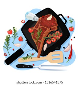 Cooking beef steak, vector cartoon top view illustration. Black grill pan with fried pork fillet on bone, spices and ingredients on white background. Meat restaurant menu design elements.