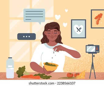 Cooking blog concept. Young girl adds spices to salad, video blog. Education and training, professional chef, learning and workshop. Poster or banner for website. Cartoon flat vector illustration