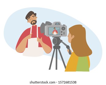 Cooking Blog flat vector illustration. Concept of live streaming, broadcast, social media networking, food and cooking blog, online cooking training. A girl is filming a guy who cooks food.