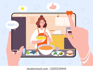 Cooking blog. Hands holding tablet cook processing video or culinary tv show, food preparing online tutorial learning internet recipe virtual kitchen, splendid vector illustration