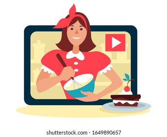 Cooking blog, live streaming, broadcast and social media networking, food blogging isolated icon vector. Online culinary class, woman with whisk and bowl on screen. Baking cake recipe online video