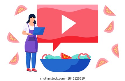 Cooking blog, live streaming, broadcast and social media networking, food blogging isolated icon vector. Online culinary class, woman is standing with laptop. Baking salad recipe online video