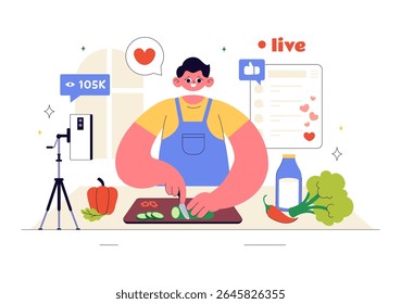 Cooking Blog Ilustração Vetorial Apresentando Jovens Gravando um Vlog de Cozinhar e Preparando Comida em Casa em um Plano de Fundo de Cartoon Estilo Plano
