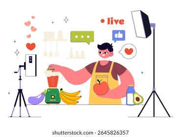 Cooking Blog Ilustração Vetorial Apresentando Jovens Gravando um Vlog de Cozinhar e Preparando Comida em Casa em um Plano de Fundo de Cartoon Estilo Plano