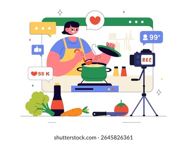 Cooking Blog Ilustração Vetorial Apresentando Jovens Gravando um Vlog de Cozinhar e Preparando Comida em Casa em um Plano de Fundo de Cartoon Estilo Plano
