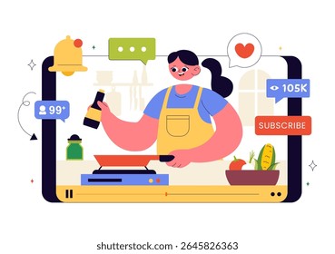 Cooking Blog Ilustração Vetorial Apresentando Jovens Gravando um Vlog de Cozinhar e Preparando Comida em Casa em um Plano de Fundo de Cartoon Estilo Plano