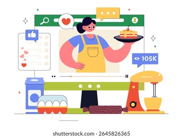 Cooking Blog Ilustração Vetorial Apresentando Jovens Gravando um Vlog de Cozinhar e Preparando Comida em Casa em um Plano de Fundo de Cartoon Estilo Plano