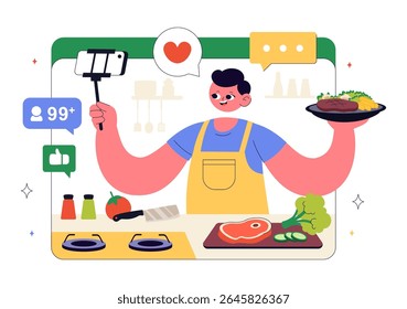 Cooking Blog Ilustração Vetorial Apresentando Jovens Gravando um Vlog de Cozinhar e Preparando Comida em Casa em um Plano de Fundo de Cartoon Estilo Plano