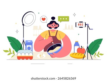 Cooking Blog Ilustração Vetorial Apresentando Jovens Gravando um Vlog de Cozinhar e Preparando Comida em Casa em um Plano de Fundo de Cartoon Estilo Plano