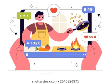Cooking Blog Ilustração Vetorial Apresentando Jovens Gravando um Vlog de Cozinhar e Preparando Comida em Casa em um Plano de Fundo de Cartoon Estilo Plano