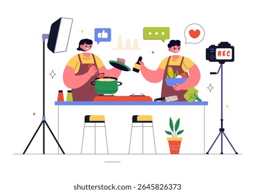 Cooking Blog Ilustração Vetorial Apresentando Jovens Gravando um Vlog de Cozinhar e Preparando Comida em Casa em um Plano de Fundo de Cartoon Estilo Plano