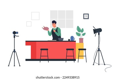 Blogger de cocina. Chef masculino haciendo comida en línea frente a las cámaras. Streaming de personajes y enseñanza de cómo preparar pollo. Ilustración vectorial de contenido de Chanel de cocina de cocción, interior de cocina de dibujos animados