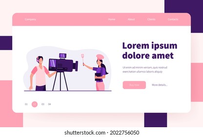 Cooking blogger taking video workshop. Chef, cameraman, camera, studio. Flat vector illustration. Cooking TV show, online training shooting concept for banner, website design or landing web page