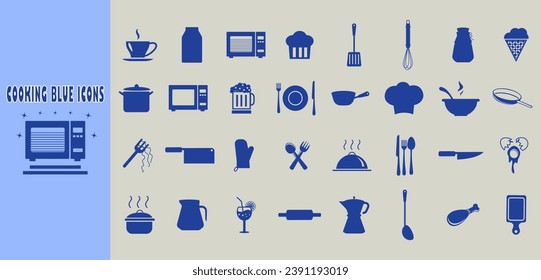 Kochen blauer Symbole. Vektorset von Kochsymbolen.
