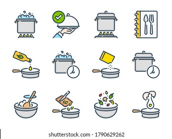 Cooking And Boiling Related Vector Color Line Icon Set. Meal Cooking And Kitchen Equipment Colorful Outline Icons. Food And Kitchen Utensils Icon Collection.