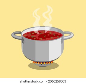 Kochen. Suppen auf Gasherd aufsetzen. Saucepan mit kochender Suppe und offener Deckel auf Gasherd, Feuer und Dampf. Vektorgrafik Cartoon flache Illustration.