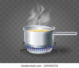 Cooking boiling soup water. Pan cookware with steaming boiled bouillon on gas burner, cooking saucepan vector illustration isolated on transparent background