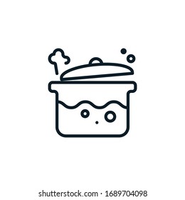 Cooking, Boiling Water In Pot Outline Icon. Vector Illustration. Editable Stroke. Isolated Icon Suitable For Web, Infographics, Interface And Apps.