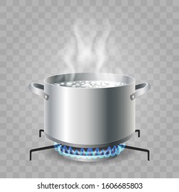 Cooking boiling water. Saucepan boil for food cooking, cartoon kitchen pan with boiled water on hot temperature gas stove, meal cookware illustration