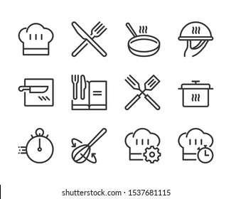 Cooking bold line icon set. The set is about restaurant, cook, recipe, kitchen, bakery, meal, vector, editable stroke, line, outline.
