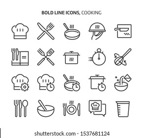 Cooking bold line icon set. The set is about restaurant, cook, recipe, kitchen, bakery, meal, vector, editable stroke, line, outline.
