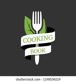 Cooking book or food studio logo. Kitchen tool, fork, green leaves and ribbon. Fresh vegan food label. Restaurant or cafe brand design template. Flat vector illustration.