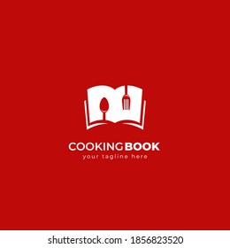 Cooking book logo icon symbol with open recipe book, fork and spoon in simple negative space style logo