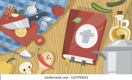 Cooking book with recipe inside and pretty cover. Book on the kitchen table with equipment for cook around. Flat vector illustration