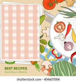 Cooking book view from above fresh vegetables ingredientson the kitchen table hand drawn elements food template