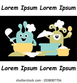 Cooking border. Cutlery, Kitchen utensils, cute monsters. Orange and green Vector illustration