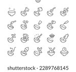 Cooking bowl steps. Recipes. Adding spice, instruction, pouring into bowl, whisk eggs. Cooking time. Pixel Perfect Vector Thin Line Icons. Simple Minimal Pictogram